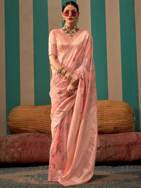 NOZ2TOZ Women's Linen Peach Woven Design Designer Saree With Blouse Piece - Distacart
