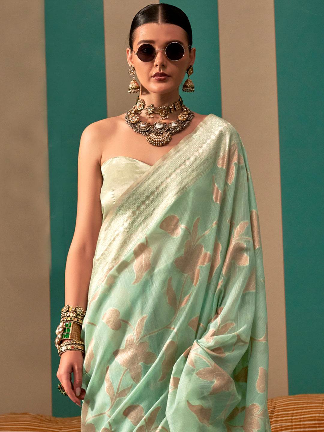 NOZ2TOZ Women's Linen Sea Green Woven Design Designer Saree With Blouse Piece - Distacart