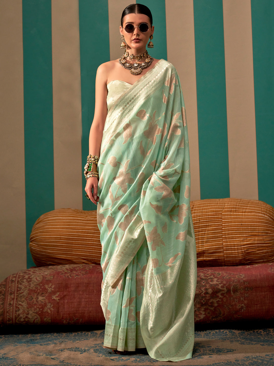 NOZ2TOZ Women's Linen Sea Green Woven Design Designer Saree With Blouse Piece - Distacart