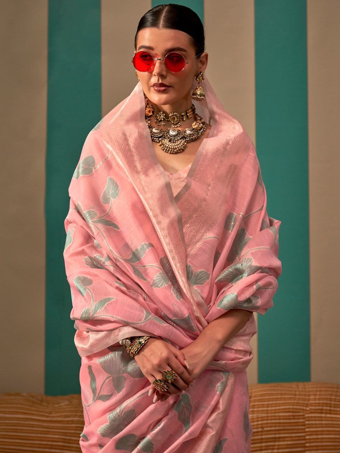 NOZ2TOZ Women's Linen Pink Woven Design Designer Saree With Blouse Piece - Distacart