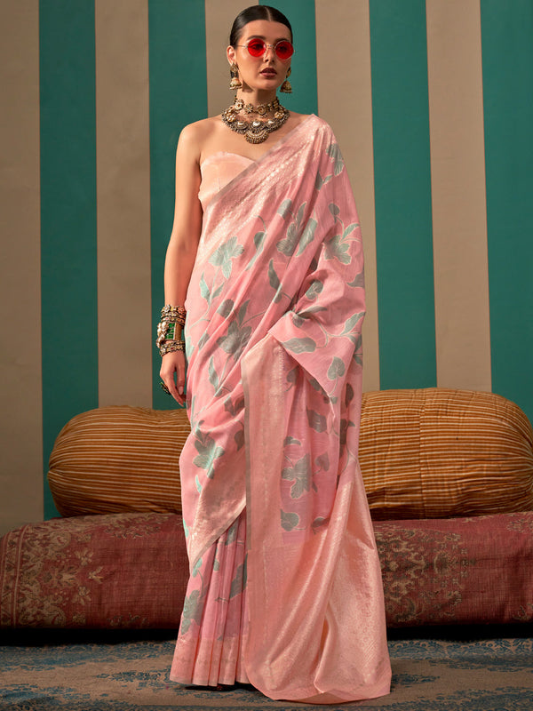 NOZ2TOZ Women's Linen Pink Woven Design Designer Saree With Blouse Piece - Distacart