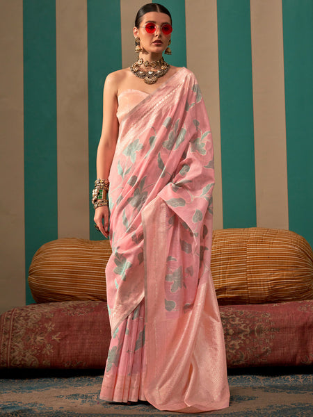 NOZ2TOZ Women's Linen Pink Woven Design Designer Saree With Blouse Piece - Distacart
