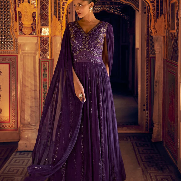 Aarshi Fashions Purple Geogette Wedding Gowns - Distacart