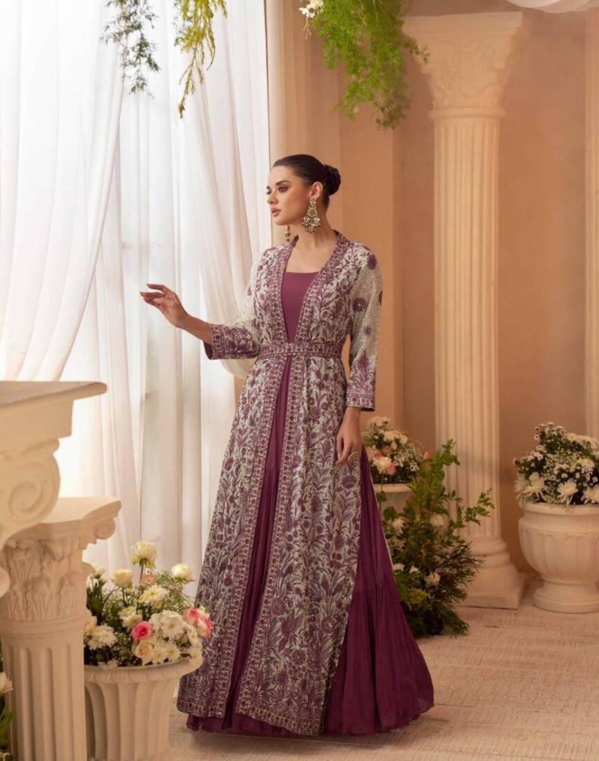 Aarshi Fashions Heavy Silks Purple Long Top With Silk Shrug - Distacart
