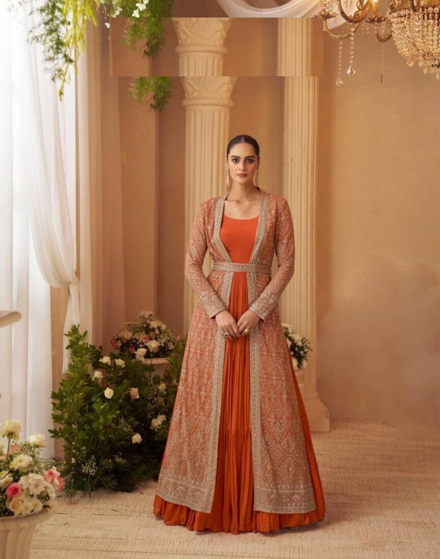 Aarshi Fashions Heavy Silks Orange Long Top With Silk Shrug - Distacart