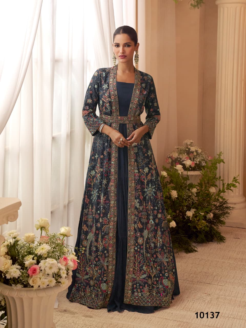 Aarshi Fashions Heavy Silks Teal Long Top With Silk Shrug - Distacart