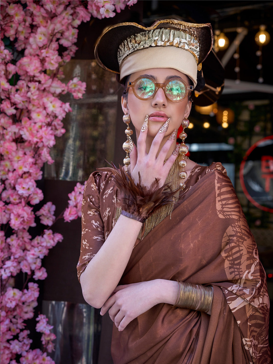 NOZ2TOZ Women's Crepe Brown Printed Designer Saree With Blouse Piece - Distacart