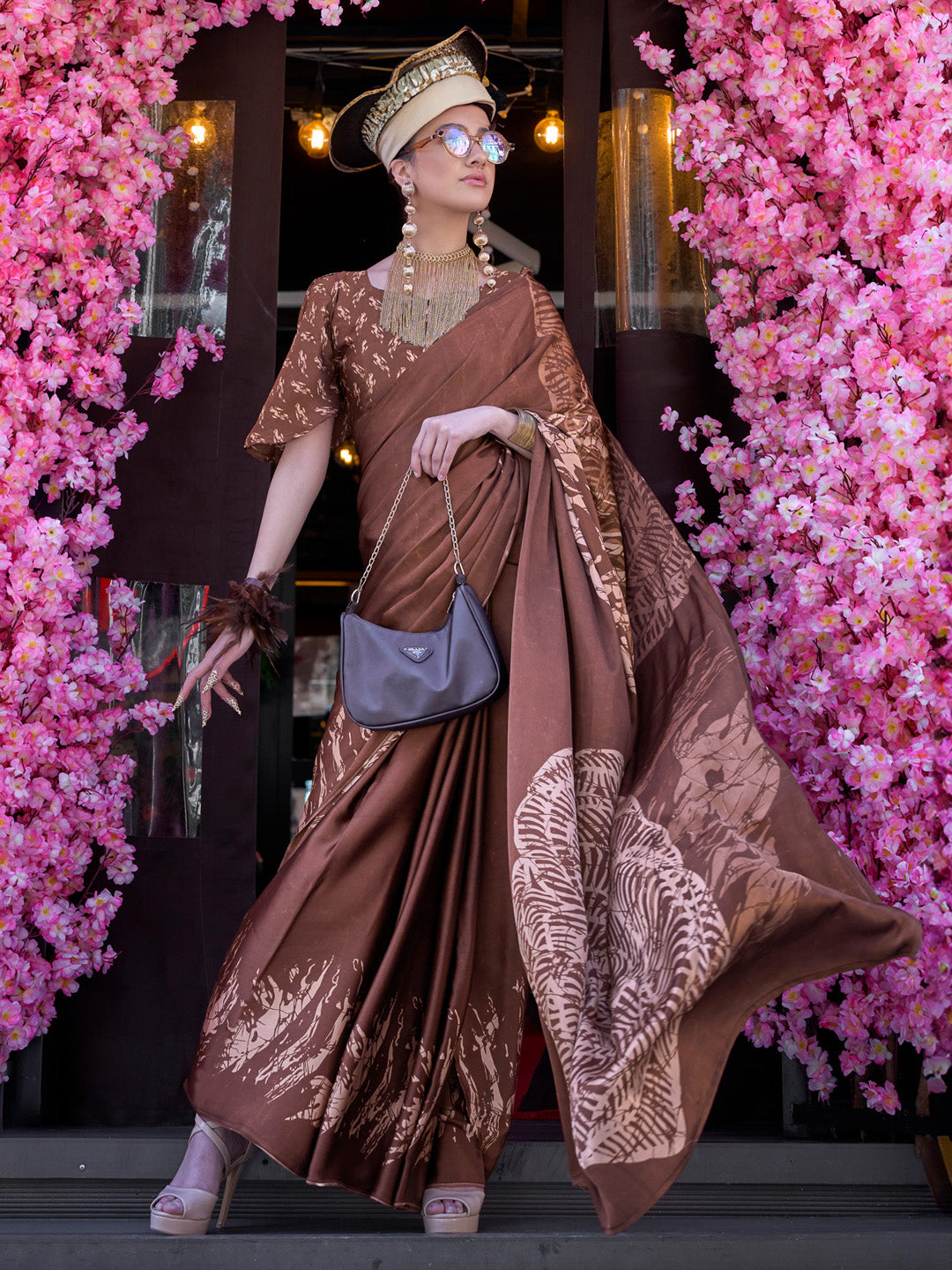 NOZ2TOZ Women's Crepe Brown Printed Designer Saree With Blouse Piece - Distacart