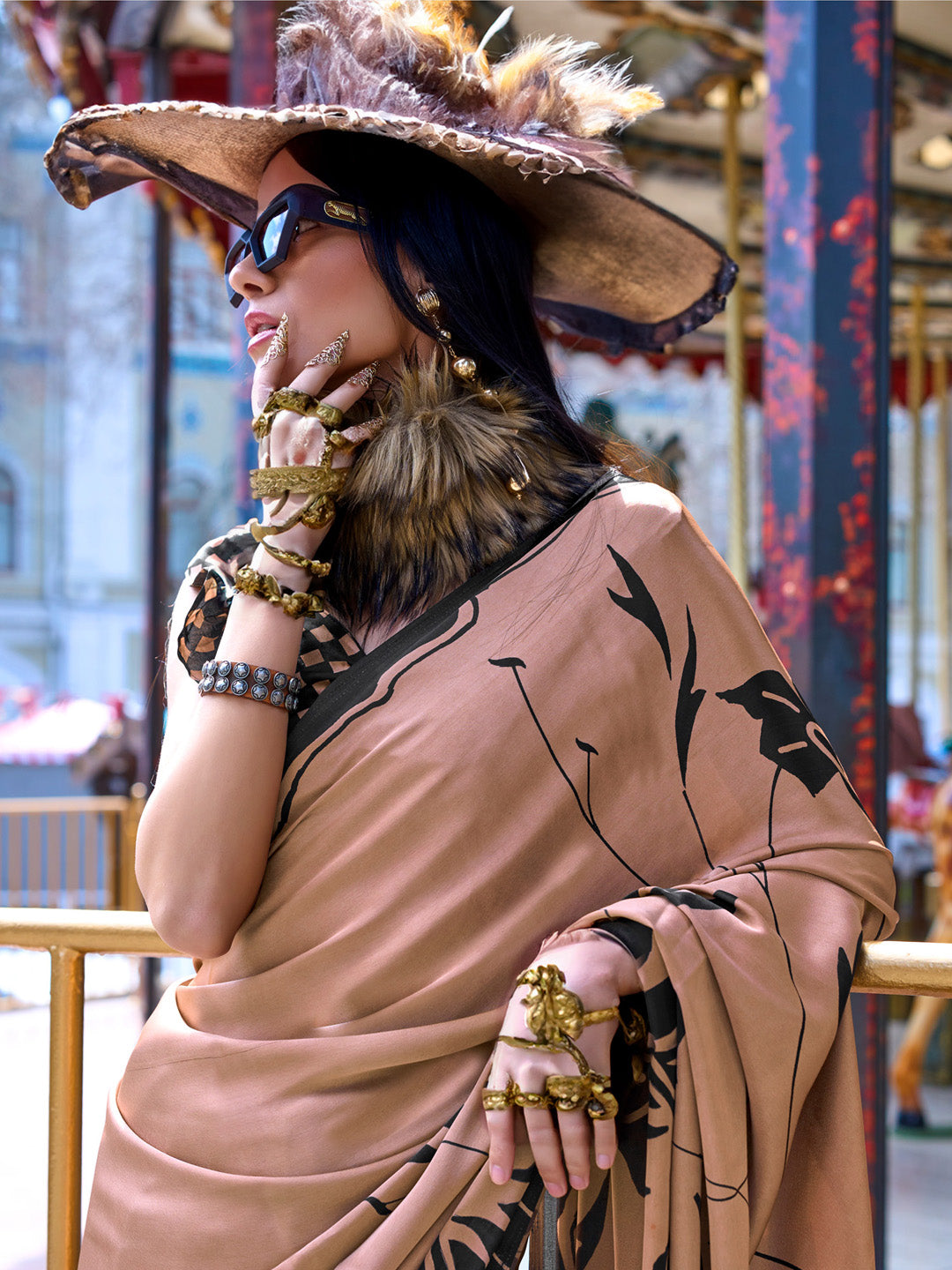 NOZ2TOZ Women's Crepe Brown Printed Designer Saree With Blouse Piece - Distacart