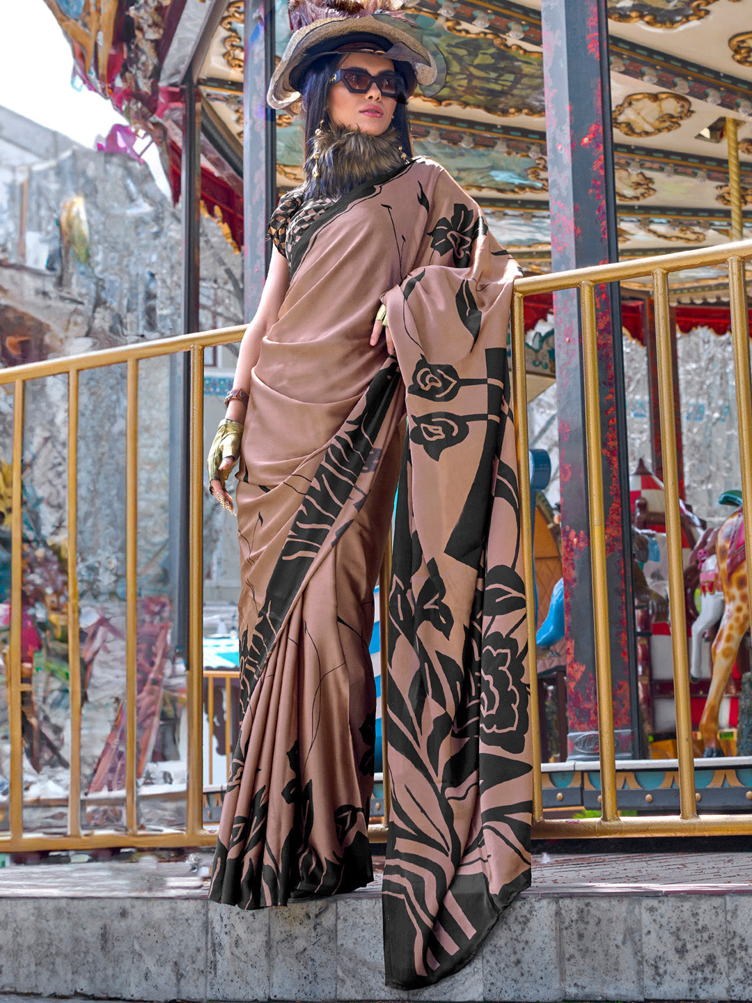 NOZ2TOZ Women's Crepe Brown Printed Designer Saree With Blouse Piece - Distacart