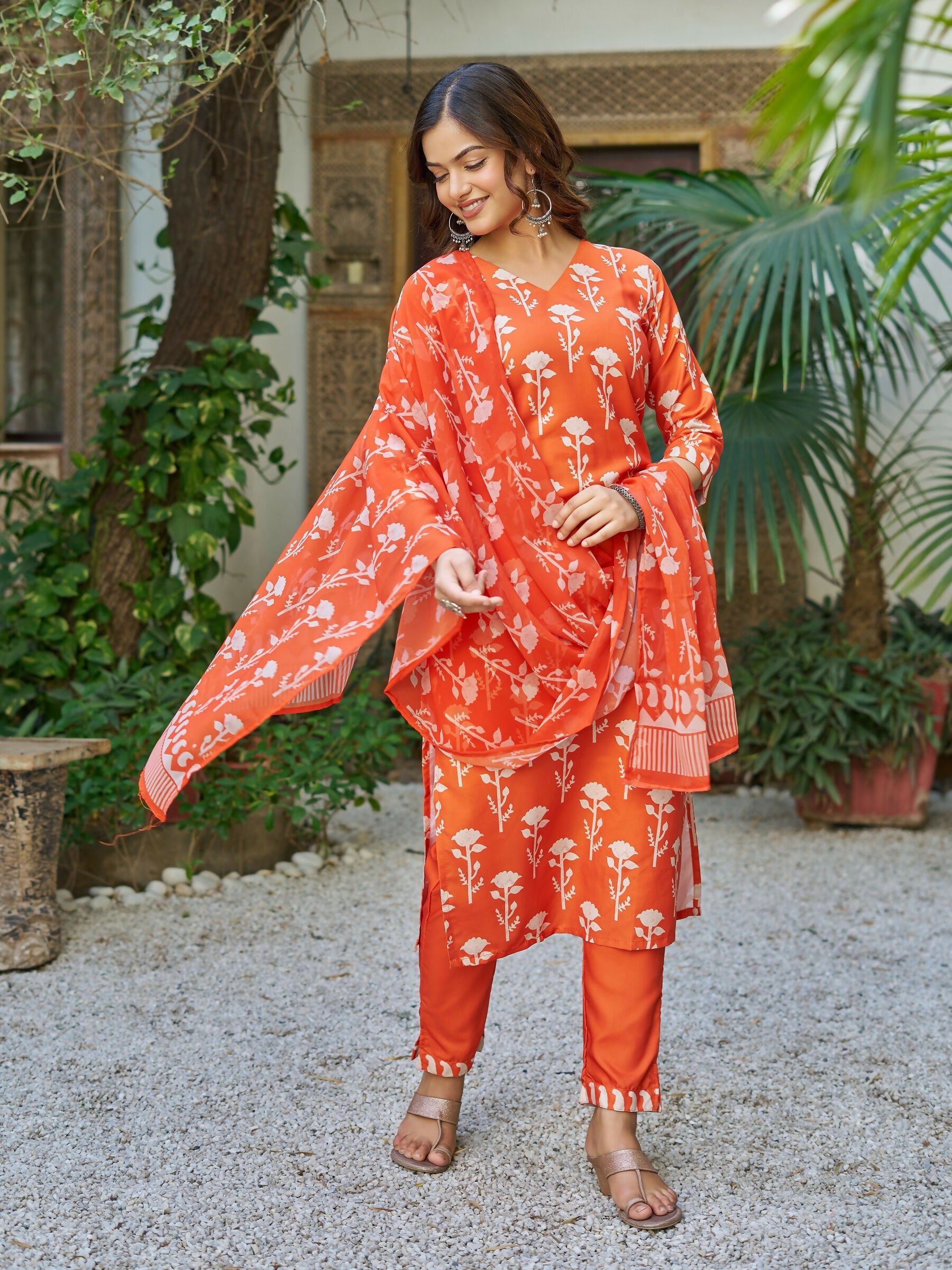 The52 Orange Women's Beautiful Cotton Blend Fabric Printed Work Straight Kurta, Pant and Dupatta Set - Distacart