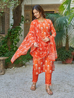 Thumbnail for The52 Orange Women's Beautiful Cotton Blend Fabric Printed Work Straight Kurta, Pant and Dupatta Set - Distacart