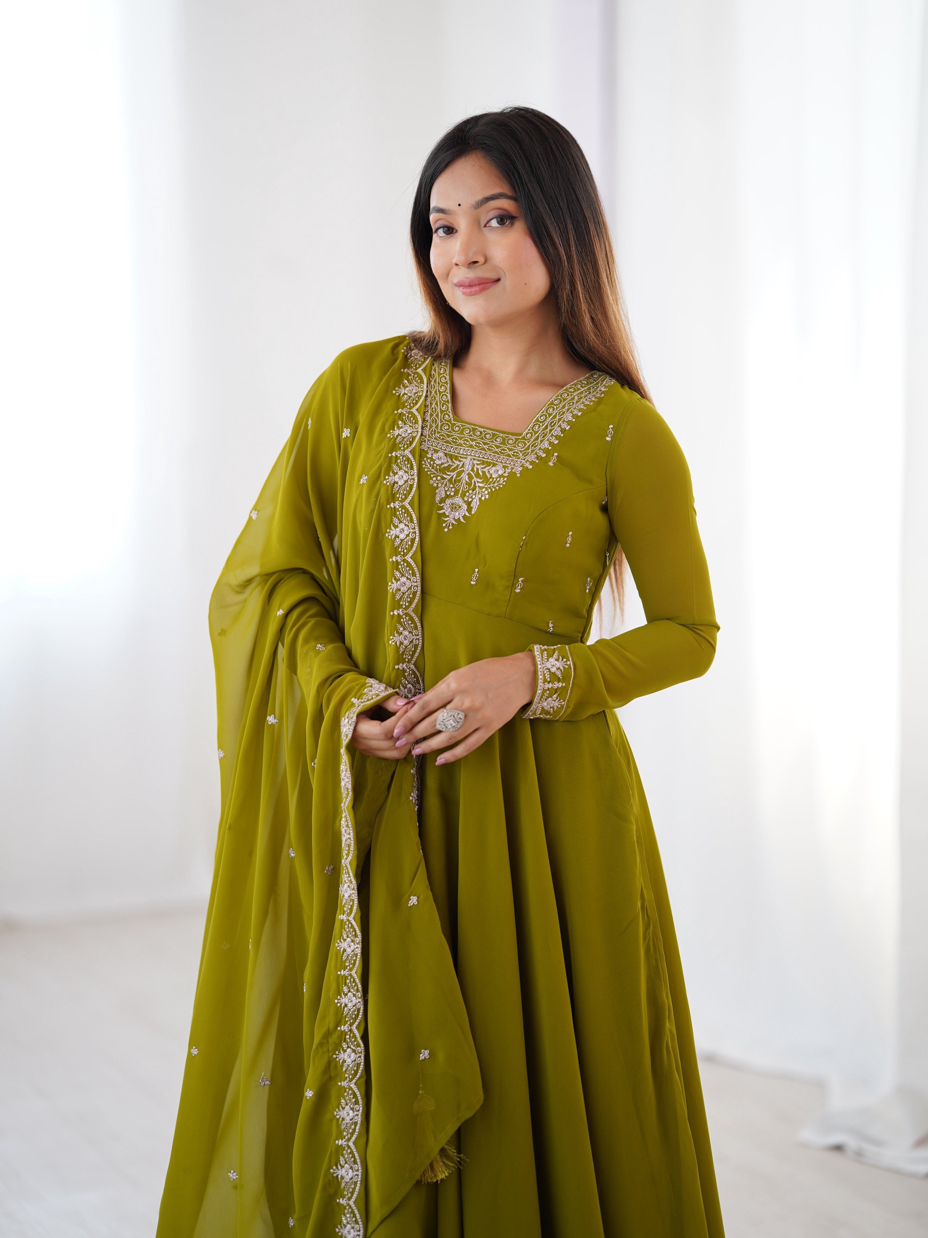 Lehenga Mart Designer Anarkali Suit for Women or Girls - Mahendi Green - Distacart