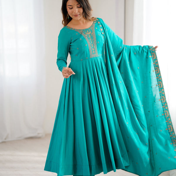 Lehenga Mart Designer Anarkali Suit Ready To Wear Kurta Pant With Dupatta For Women-Rama Green - Distacart