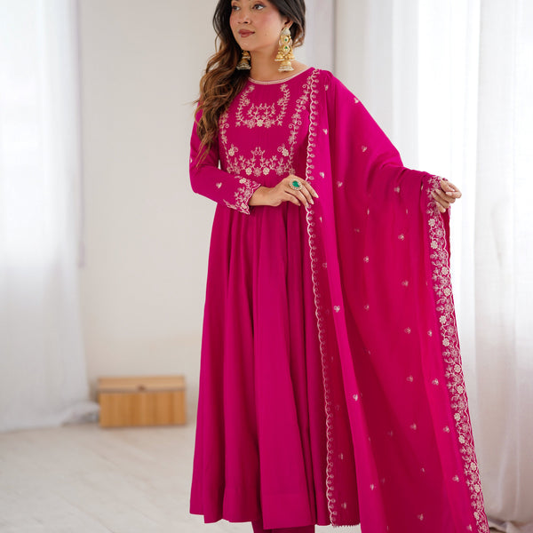 Lehenga Mart Designer Anarkali Suit Ready To Wear Kurta Pant With Dupatta For Women-Dark Pink - Distacart