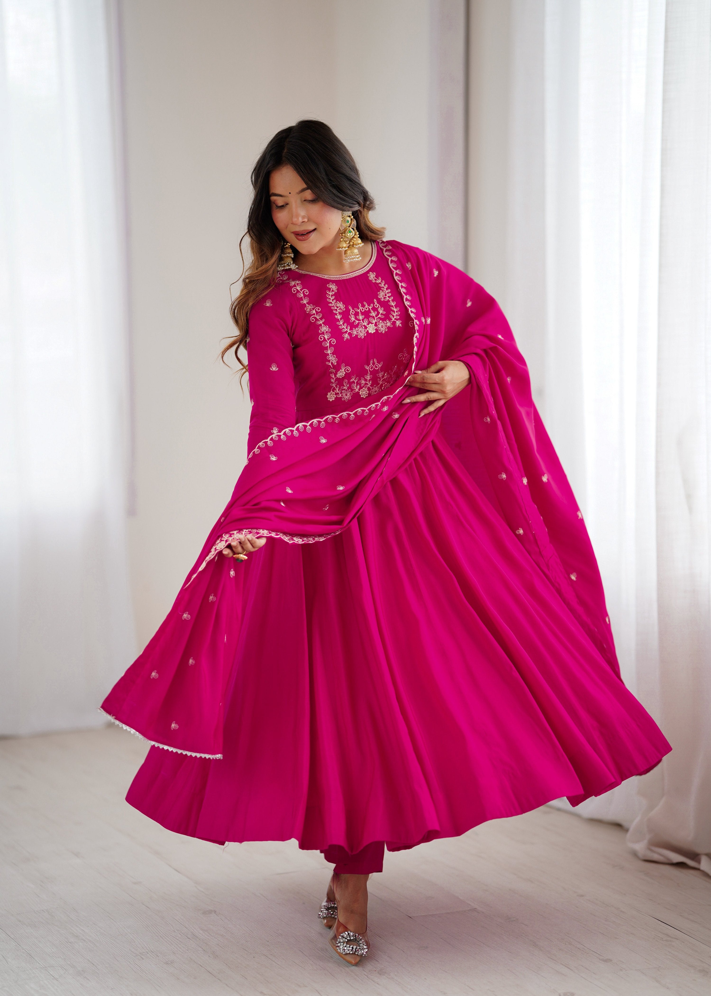 Lehenga Mart Designer Anarkali Suit Ready To Wear Kurta Pant With Dupatta For Women-Dark Pink - Distacart