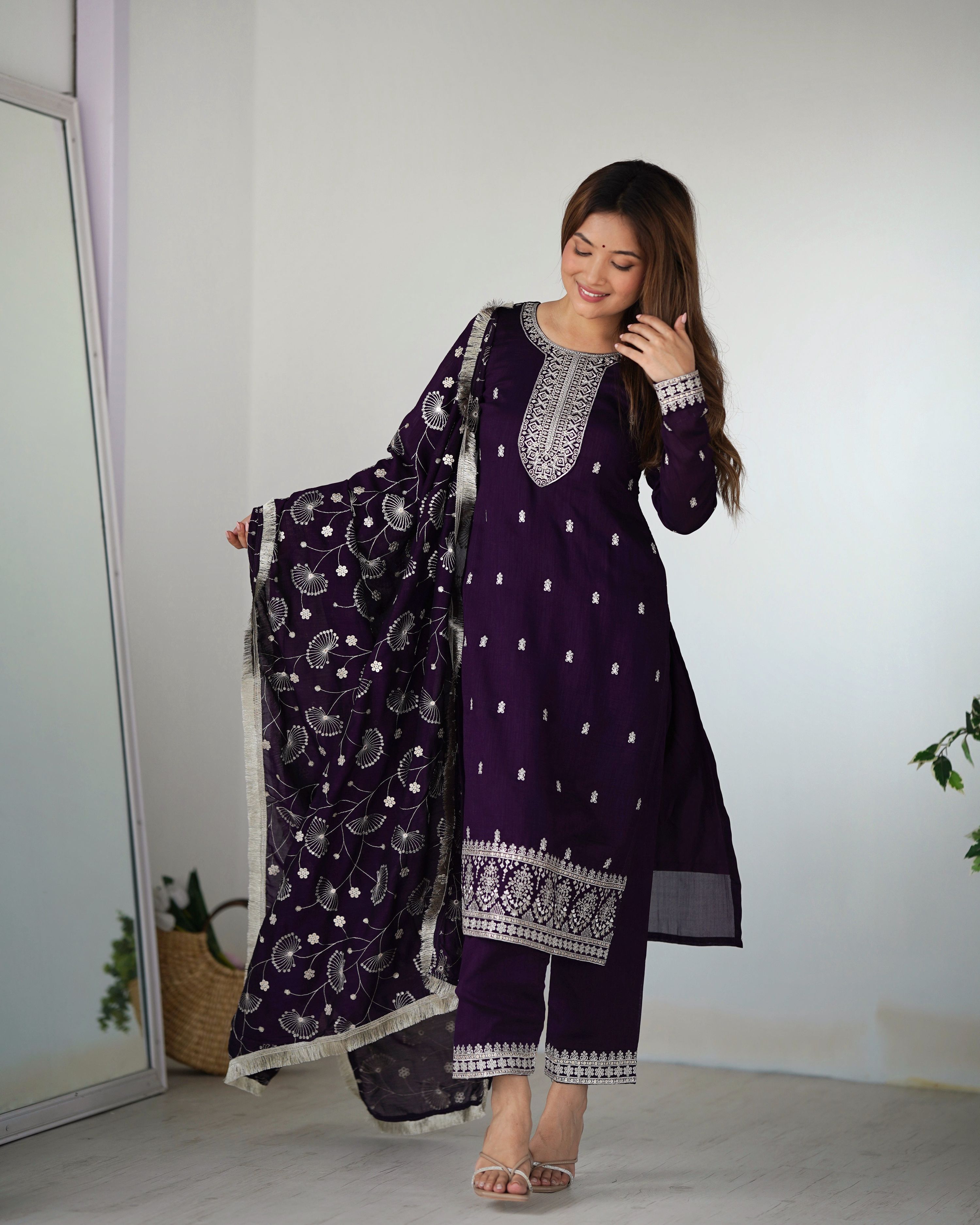 Lehenga Mart Designer Kurta Pant Dupatta - Purple - Distacart