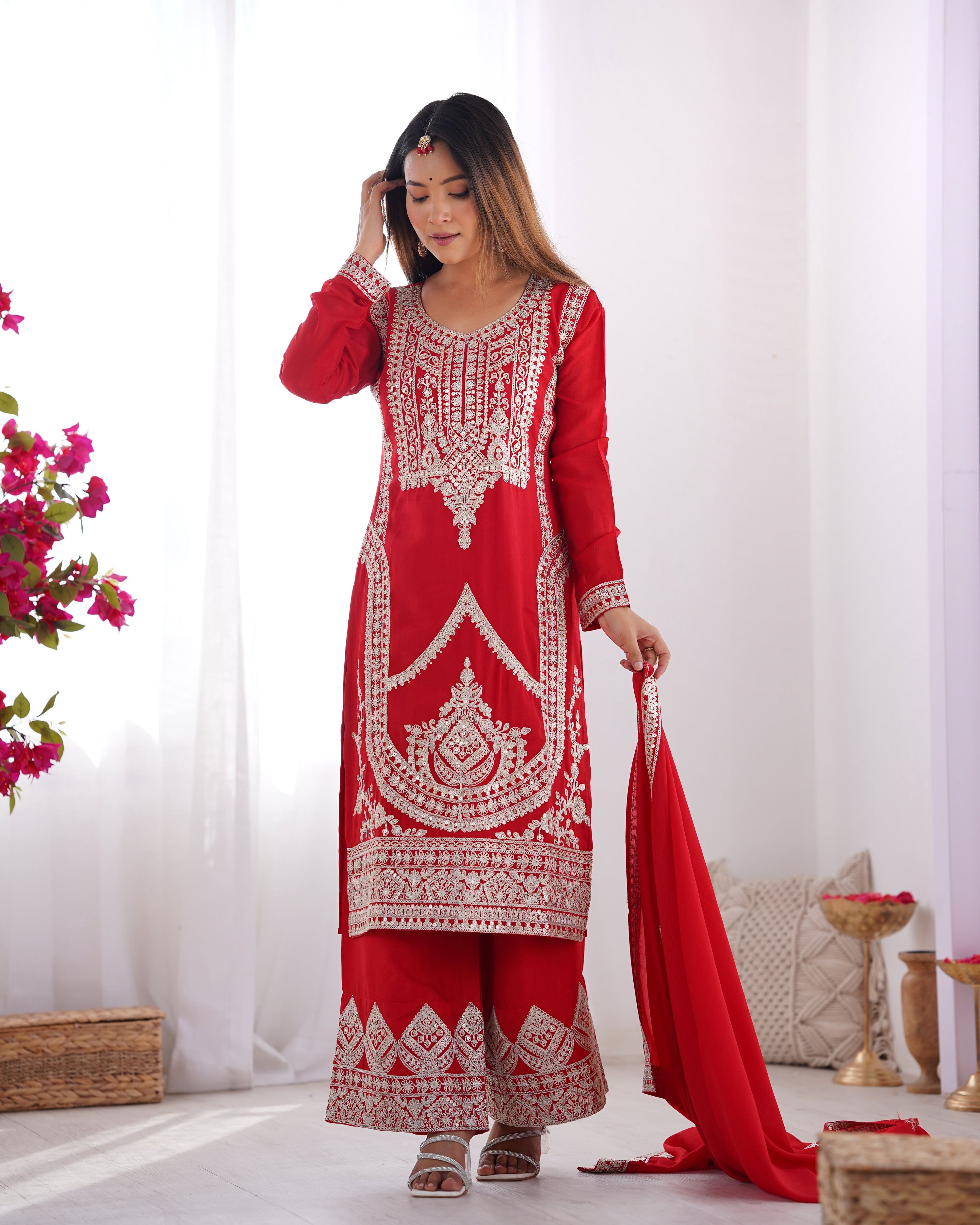 Lehenga Mart Designer Kurta Pant Dupatta - red - Distacart