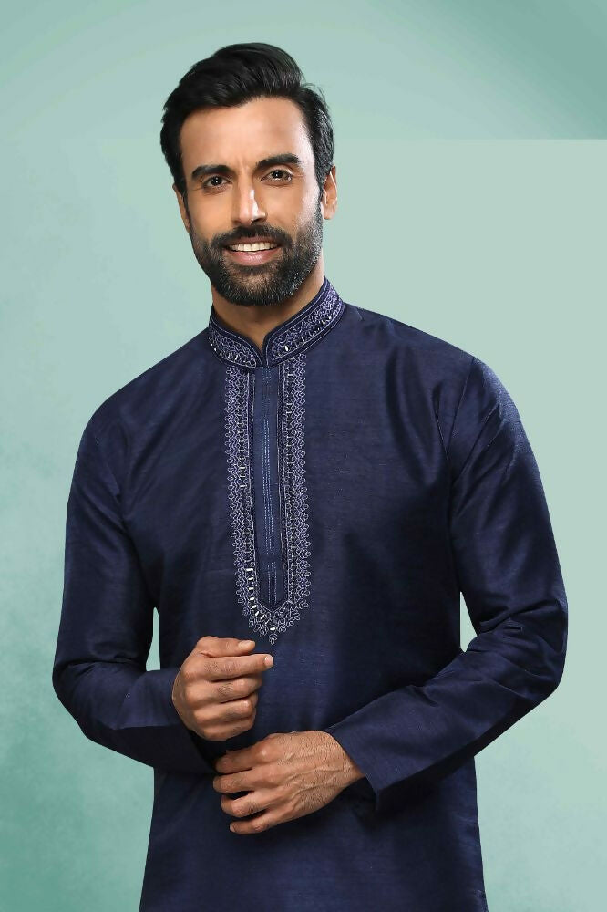 Raivat Ethnic Art Silk Mirror Embroidery Work Kurta Pajama In Blue Colour - Dista