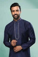 Thumbnail for Raivat Ethnic Art Silk Mirror Embroidery Work Kurta Pajama In Blue Colour - Dista