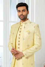 Thumbnail for Raivat Ethnic Art Silk Embroidery Work 3 Pcs Indo Jacket Set In Yellow Colour