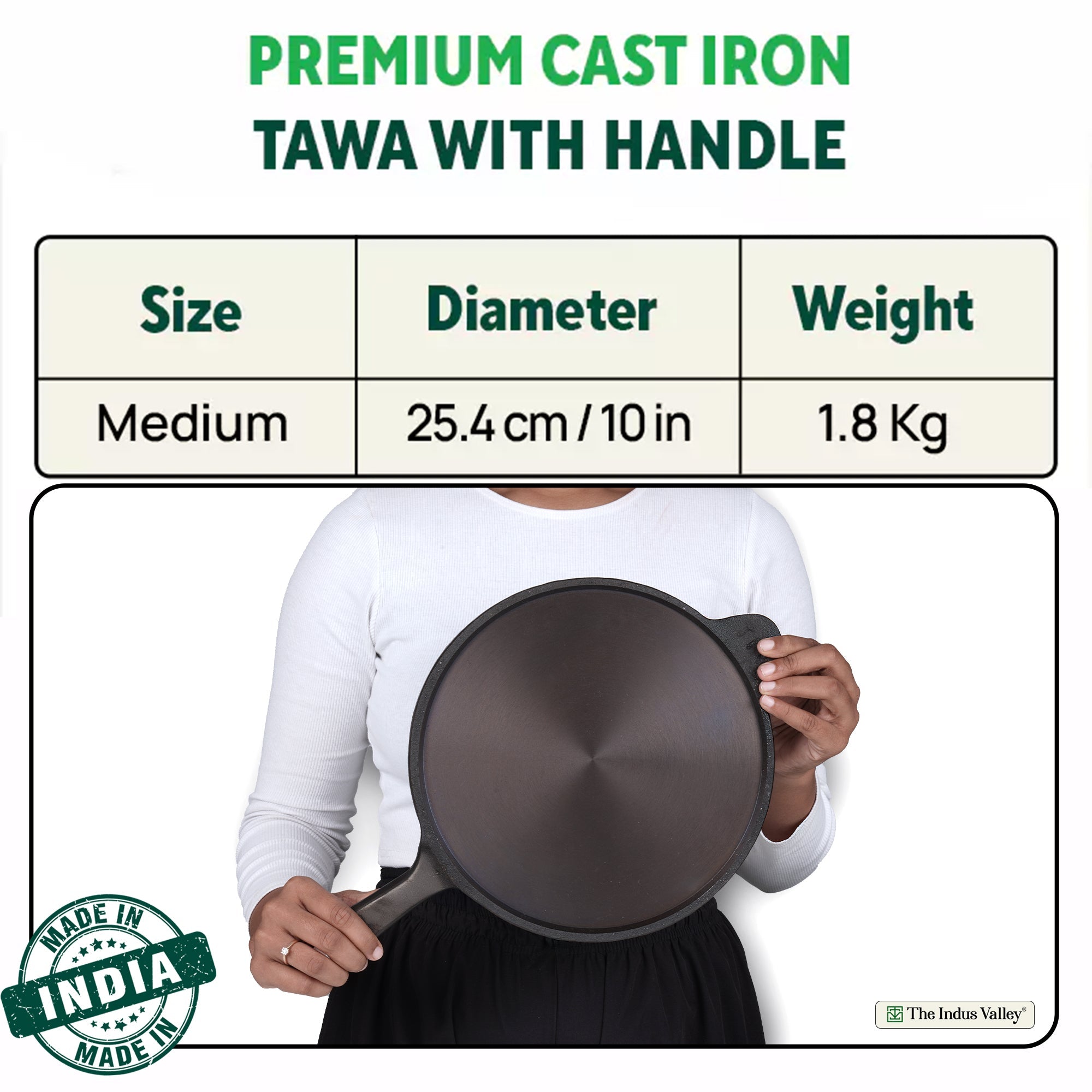 The Indus Valley Super Smooth Cast Iron Tawa, Long Handle,Pre-seasoned, Nonstick, 100% Pure, Toxin-free, Induction,Spatula, 25.4cm, 1.8kg