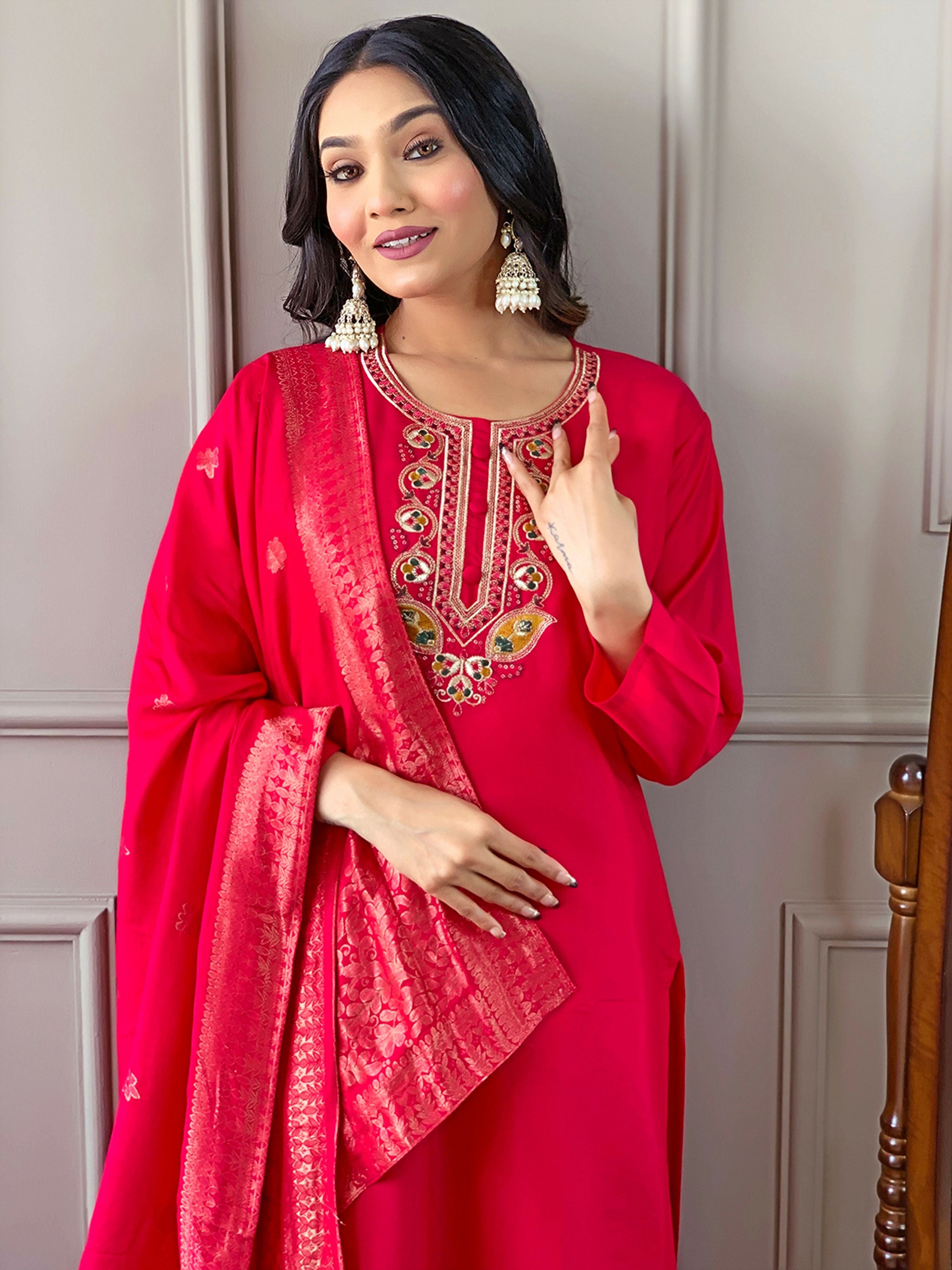 Partywear Designer Viscose Chanderi Red Stitched Suit With Dupatta - Anbazaar - Distacart