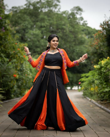 Yash Enterprise Orange Colored Rayon Cotton Embroidery Semi Stitched Navratri Top Chaniya Choli - Dista