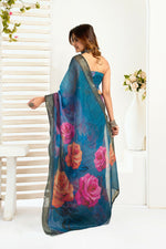 Thumbnail for Vastranavya Teal Digital Printed Linen Ready To Wear Designer Saree with Unstitched Blouse - Distacart