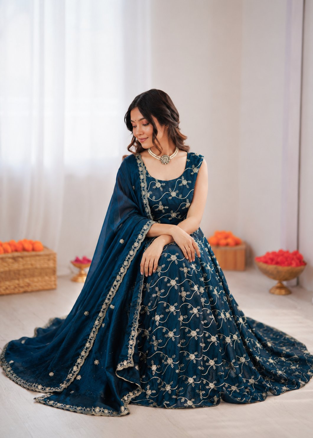 Prazu Fashion Blue Fendy Silk Thread With Sequence Anarkali Suit - Dista