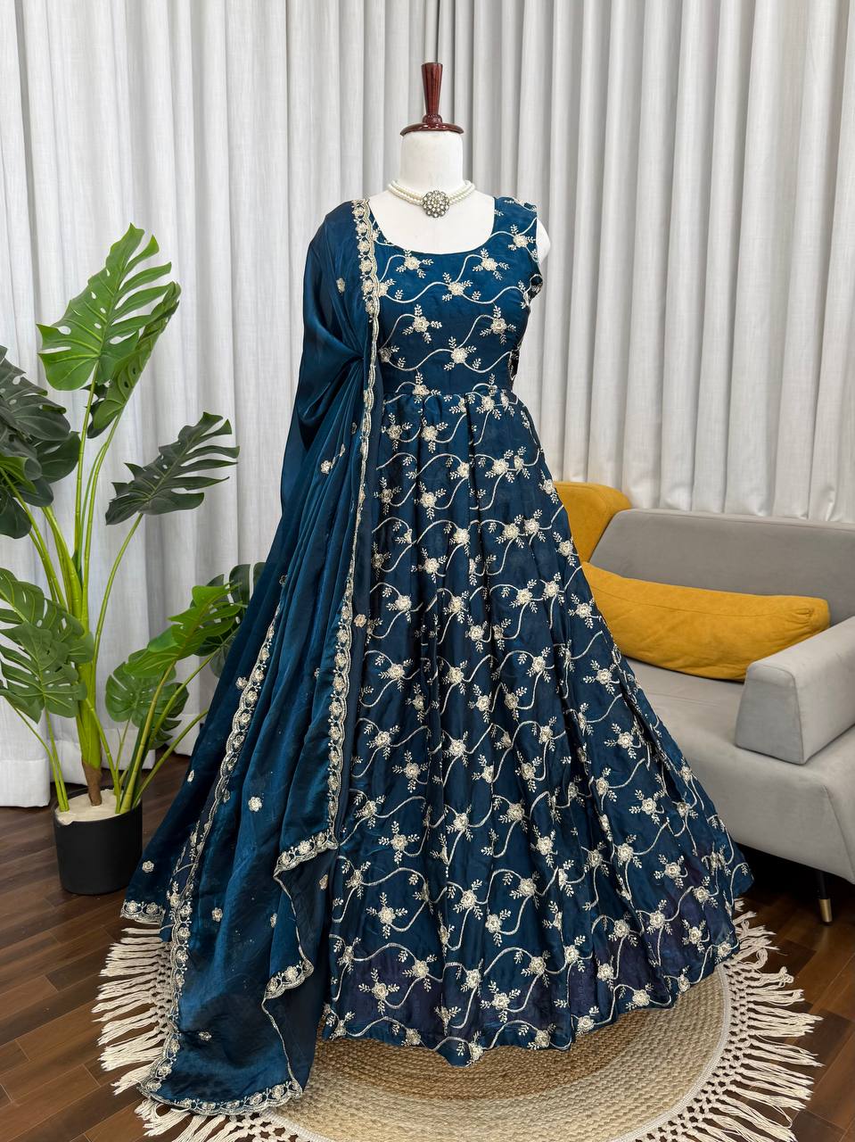 Prazu Fashion Blue Fendy Silk Thread With Sequence Anarkali Suit - Dista