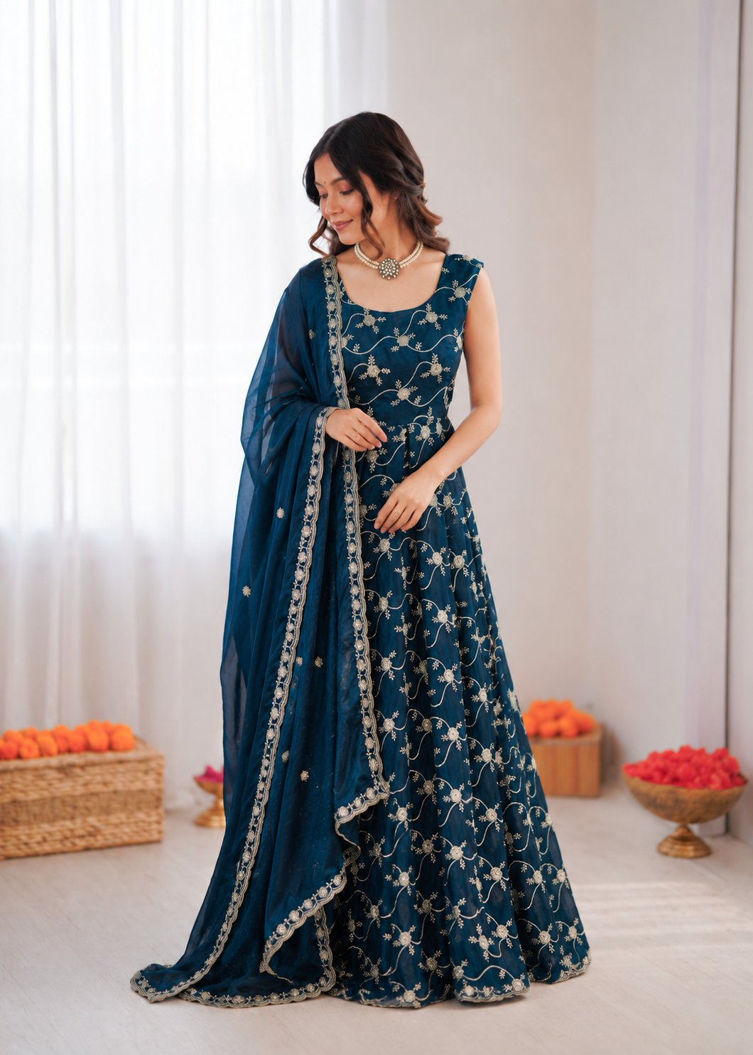 Prazu Fashion Blue Fendy Silk Thread With Sequence Anarkali Suit - Dista