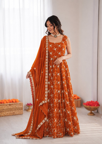 Prazu Fashion Orange Fendy Silk Thread With Sequence Anarkali Suit - Dista