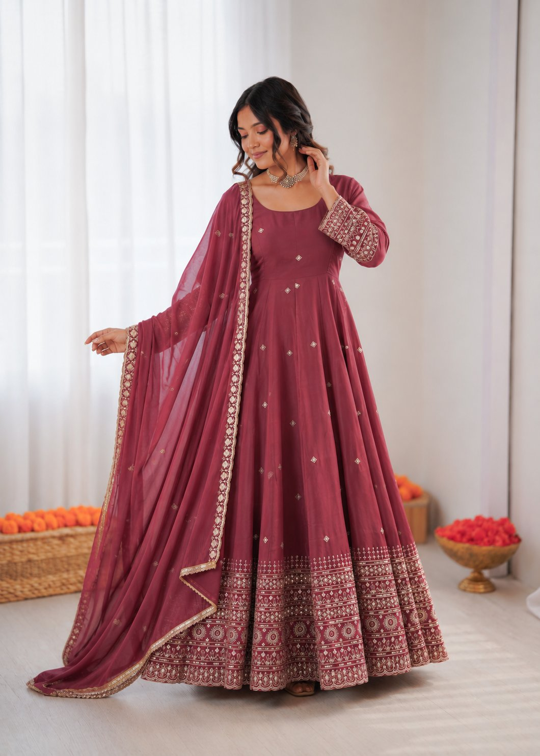 Prazu Fashion Onion Pink Chanderi Silk Thread With Sequence Anarkali Suit - Dista