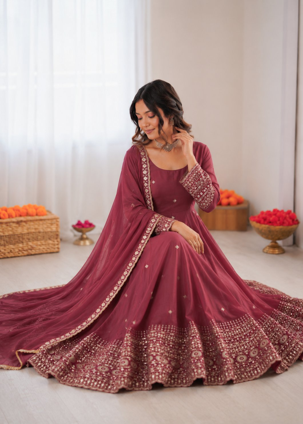 Prazu Fashion Onion Pink Chanderi Silk Thread With Sequence Anarkali Suit - Dista