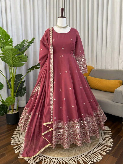Prazu Fashion Onion Pink Chanderi Silk Thread With Sequence Anarkali Suit - Dista