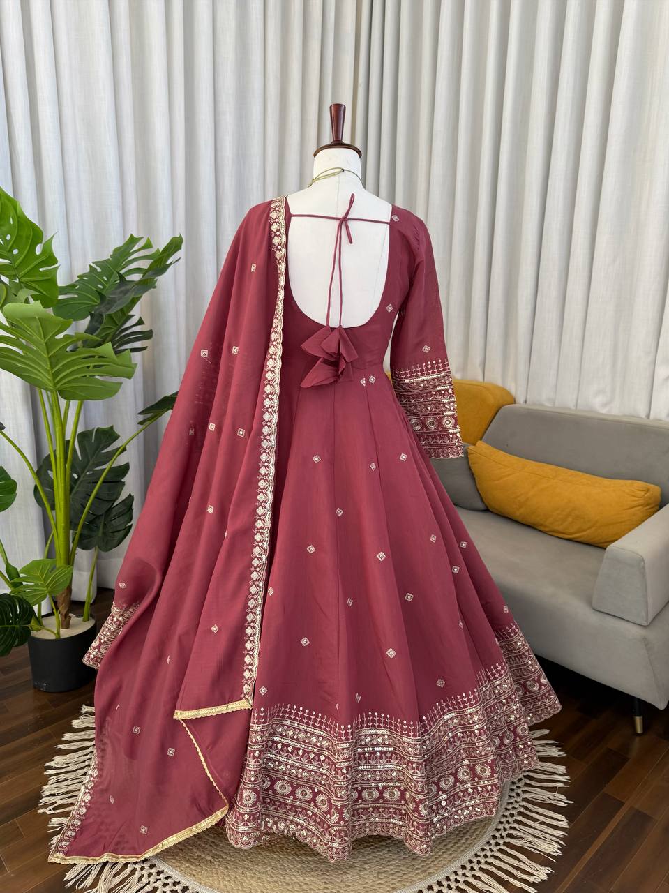 Prazu Fashion Onion Pink Chanderi Silk Thread With Sequence Anarkali Suit - Dista