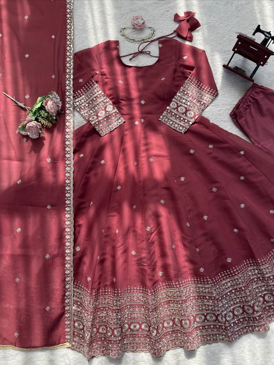 Prazu Fashion Onion Pink Chanderi Silk Thread With Sequence Anarkali Suit - Dista