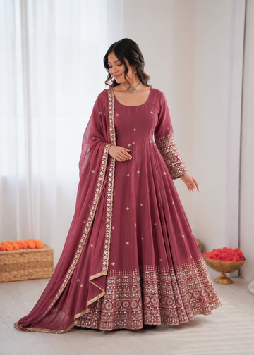 Prazu Fashion Onion Pink Chanderi Silk Thread With Sequence Anarkali Suit - Dista