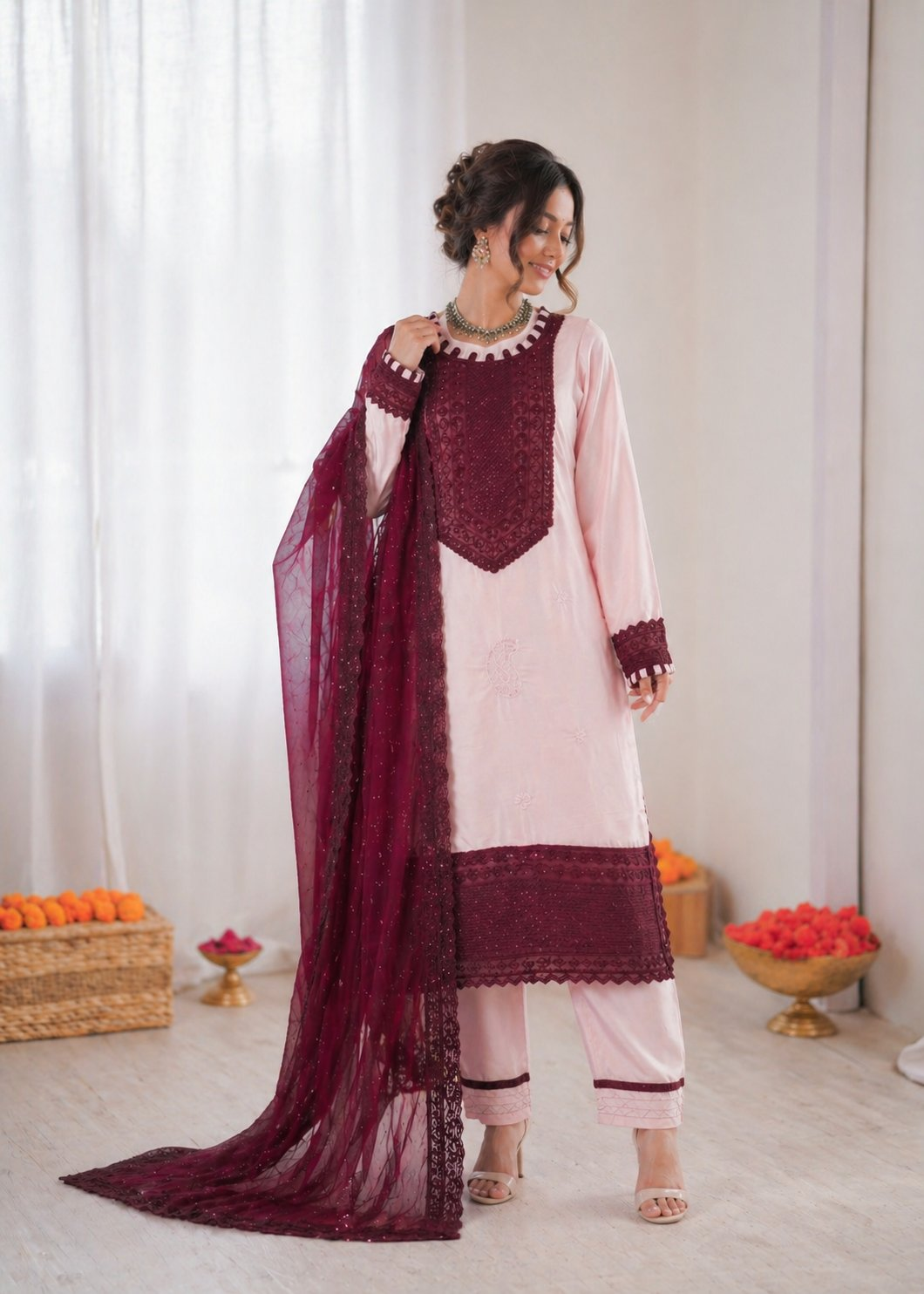 Prazu Fashion Baby Pink Crepe Thread With Sequence Salwar Suit - Dista