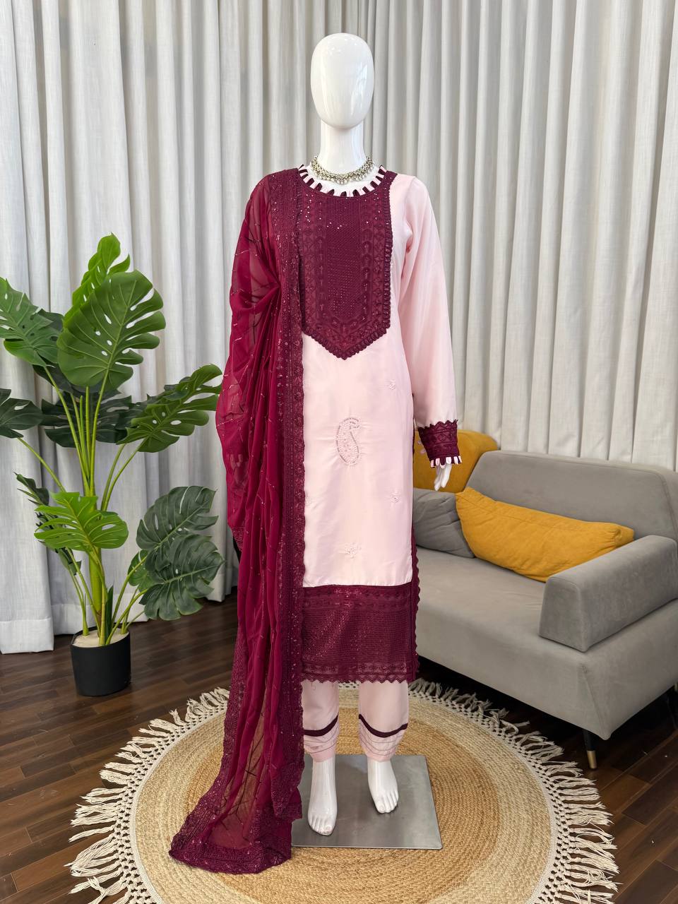 Prazu Fashion Baby Pink Crepe Thread With Sequence Salwar Suit - Dista