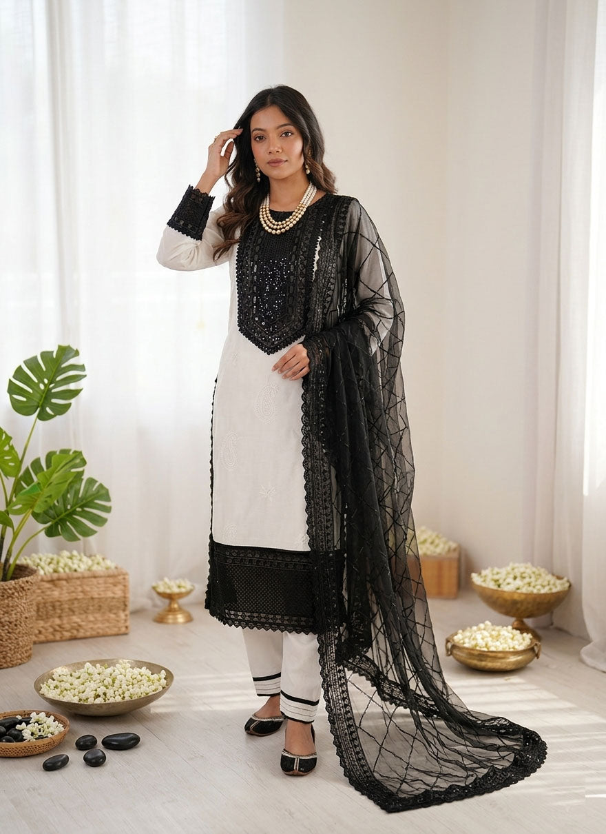 Prazu Fashion Off White Crepe Thread With Sequence Salwar Suit - Dista