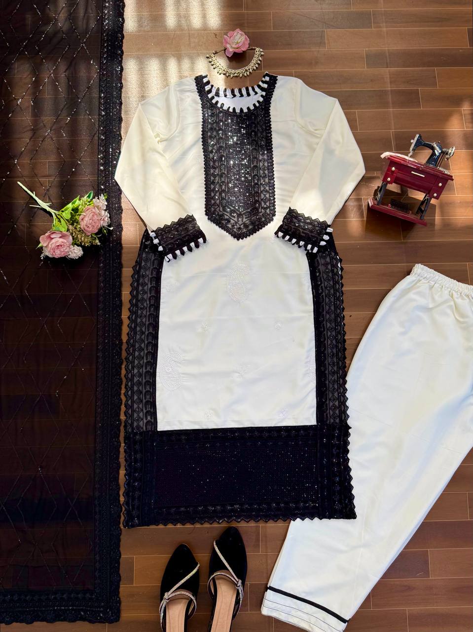 Prazu Fashion Off White Crepe Thread With Sequence Salwar Suit - Dista