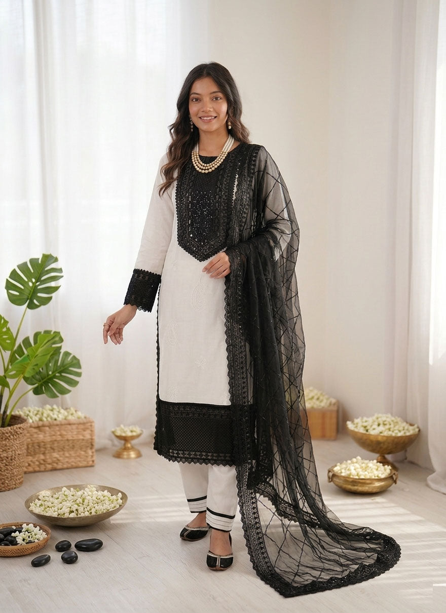Prazu Fashion Off White Crepe Thread With Sequence Salwar Suit - Dista