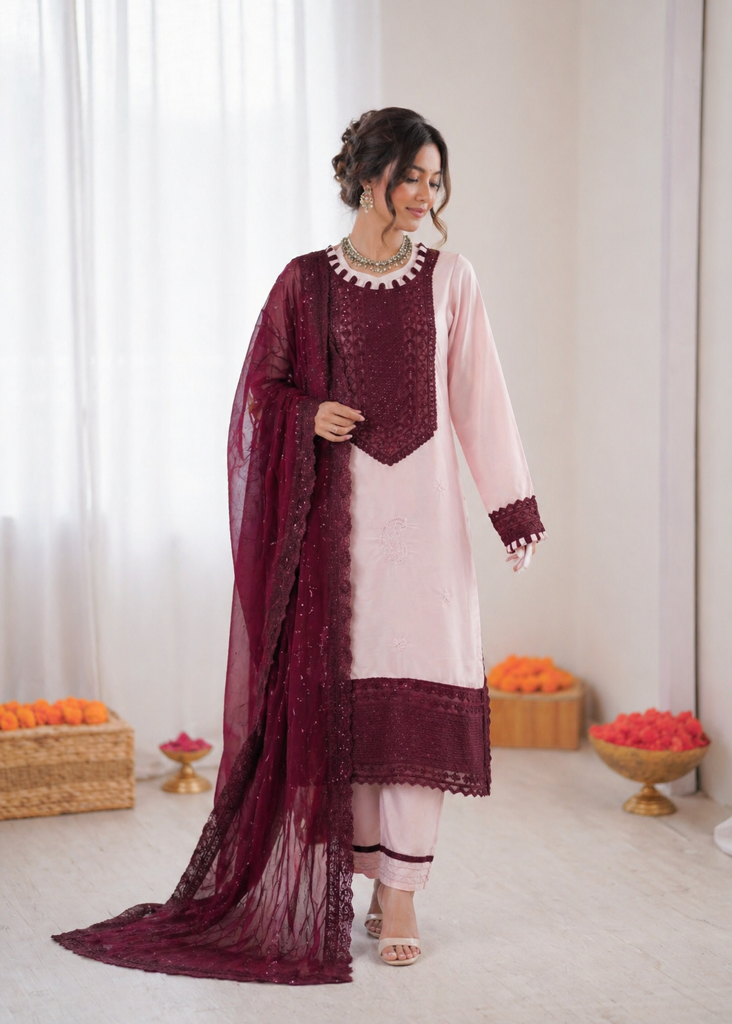 Prazu Fashion Baby Pink Crepe Thread With Sequence Salwar Suit - Dista