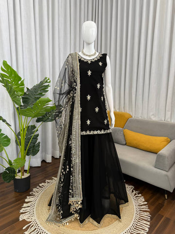 Prazu Fashion Black Georgette Thread With Sequence Designer Palazzo Suit - Dista