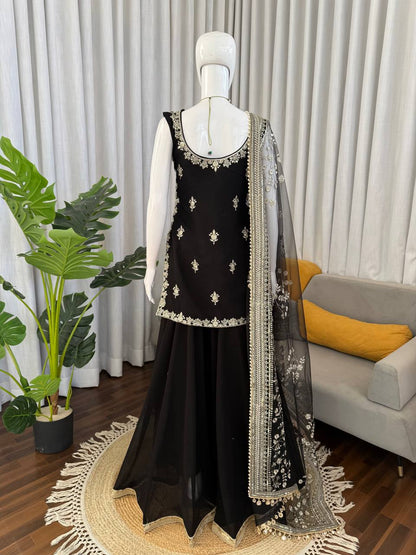 Prazu Fashion Black Georgette Thread With Sequence Designer Palazzo Suit - Dista
