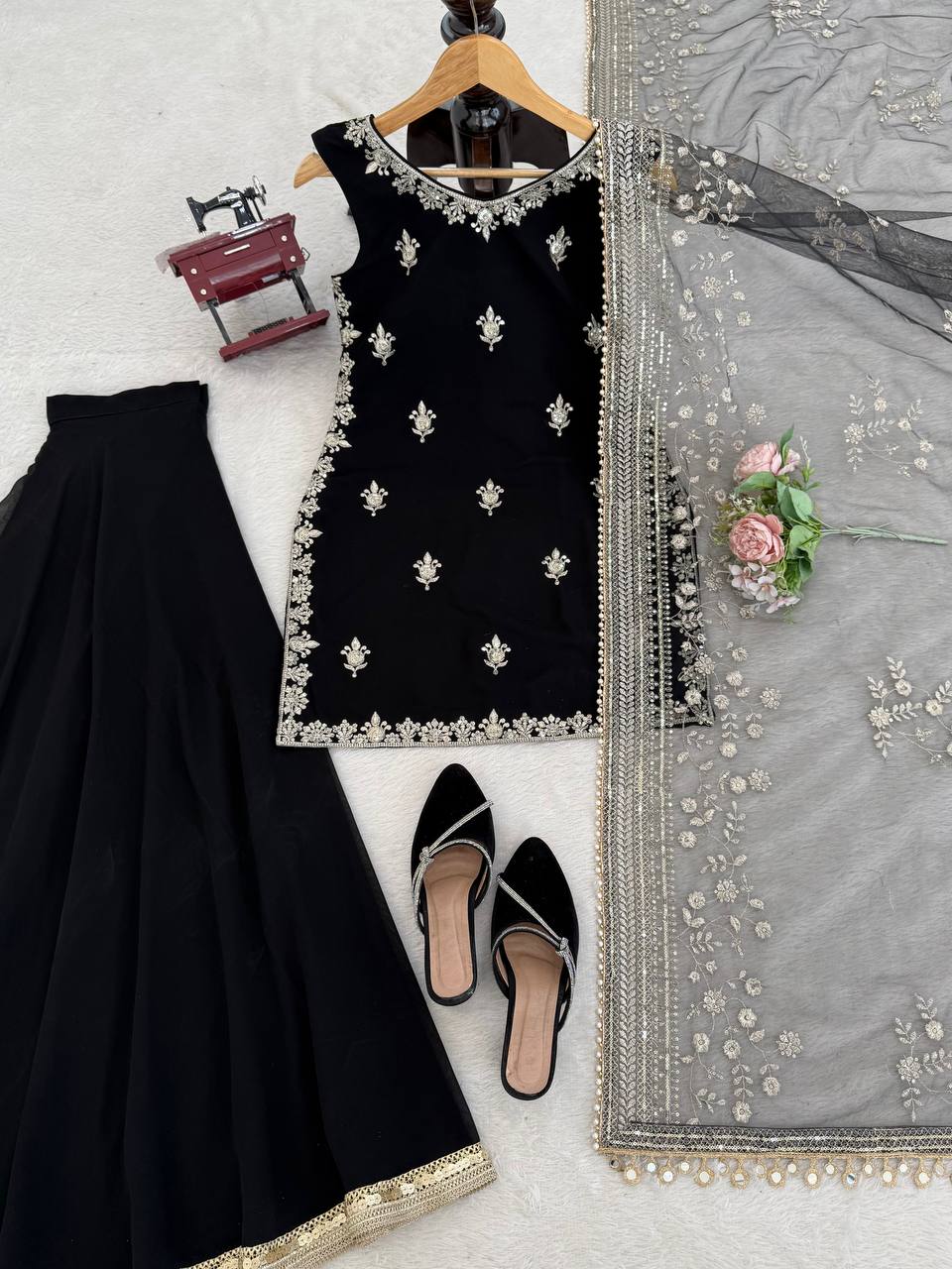 Prazu Fashion Black Georgette Thread With Sequence Designer Palazzo Suit - Dista