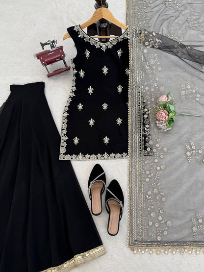 Prazu Fashion Black Georgette Thread With Sequence Designer Palazzo Suit - Dista