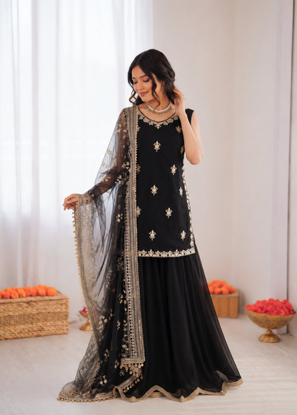 Prazu Fashion Black Georgette Thread With Sequence Designer Palazzo Suit - Dista